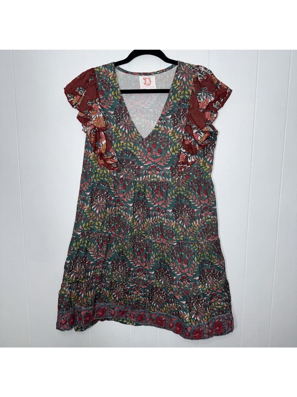 Victoria Dunn Women’s Floral Tiered Mini Dress Ruffle Sleeve Teal Green Size M